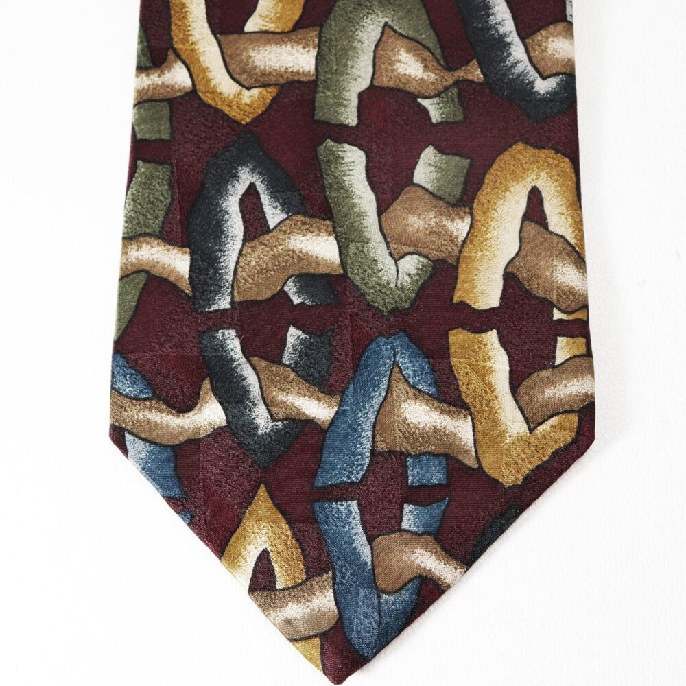 Retro Design Studios Tie Mens 58 in Silk Maroon Blue Sage Tan 3D Link Rings Wide